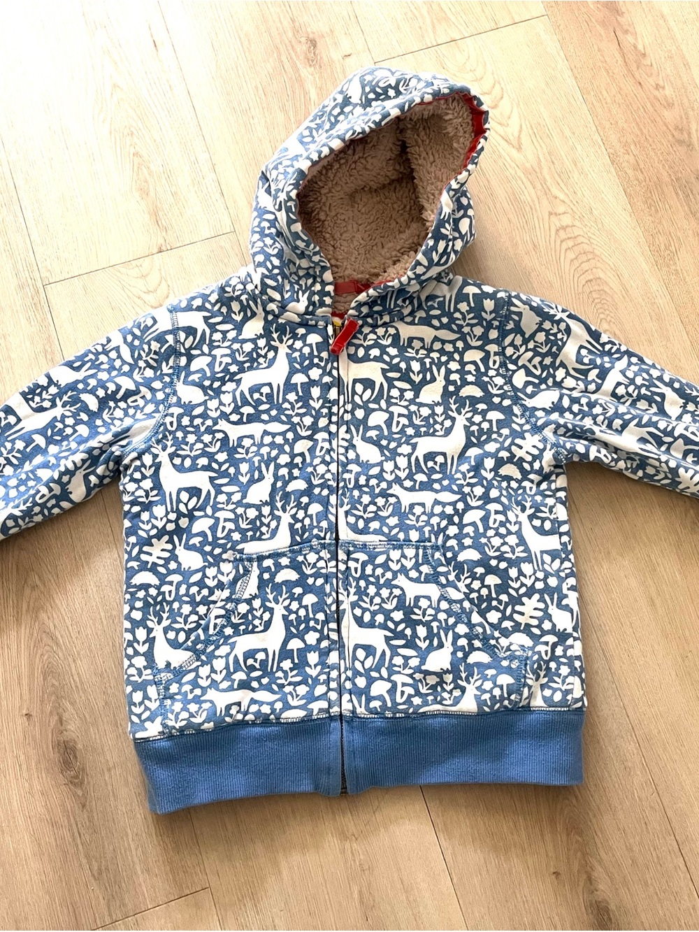 Boden Blue & White Hooded Zip-Up with Deer Print
